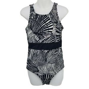 Jaclyn Smith Women White Black Shell Keyhole Back One Piece Swimsuit Size 12
